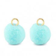 Pompom Anhänger mit Öse 10mm - Gold-aquamarine blue